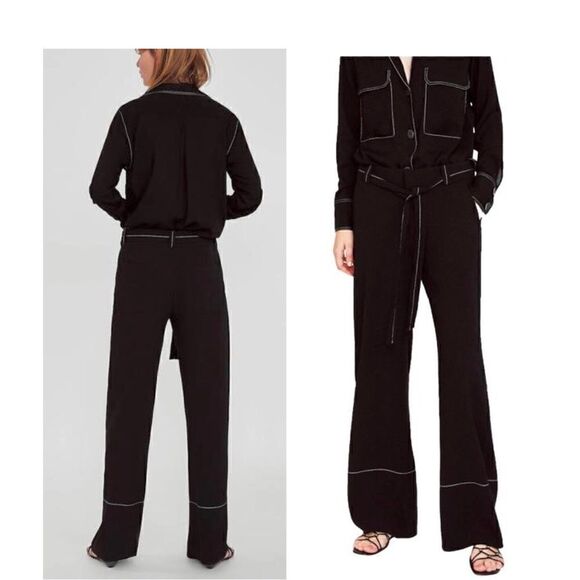 Zara Pants - Zara Wide Leg Contrasting Top Stitch Pants Trouser BNWT